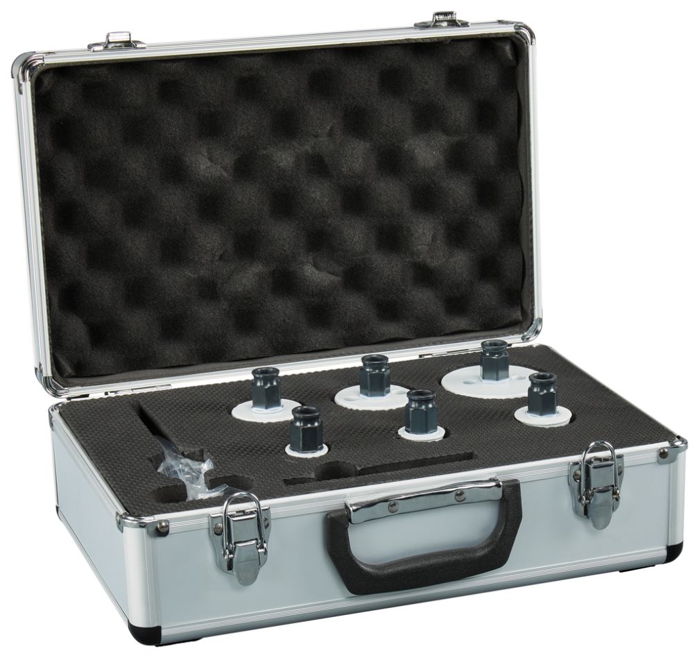 Conjunto de serras copo Makita E-14261 com 8 peças, medidas 22 - 25 - 32 - 44 - 51 - 68 mm, para madeira/metal/pedra, sistema Ezychange, estojo incluso.