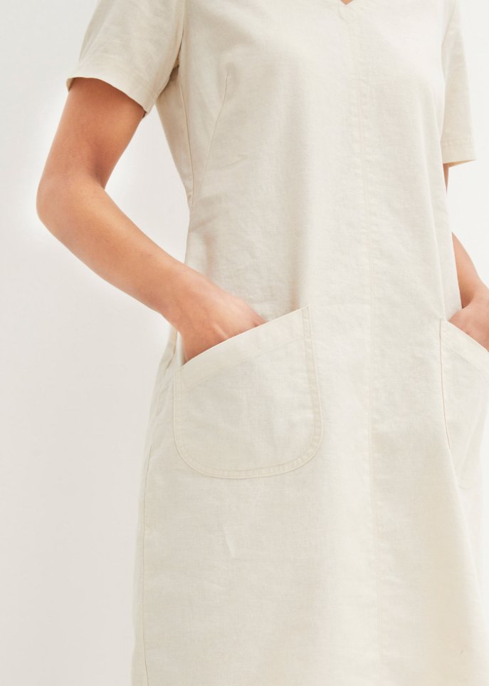 Knielanges Kleid mit Leinen und V-Ausschnitt, Halbarm