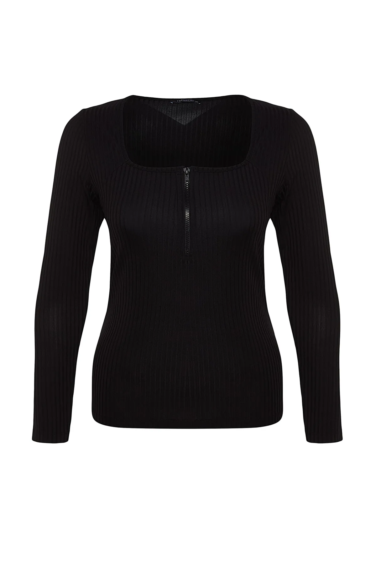 Trendyol Curve  Schwarze Strickbluse mit quadratischem Kragen und Reißverschluss TBBSS22AF0027