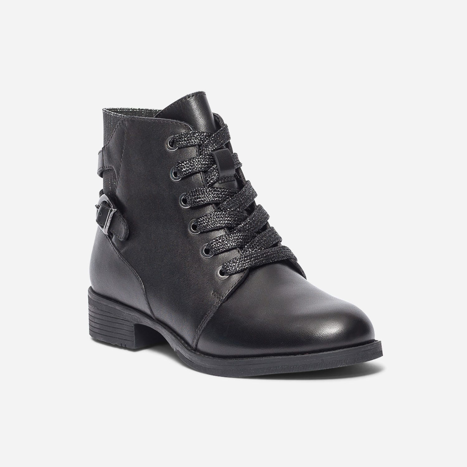 Bottine noire en cuir à élastique et lacet pailletés
