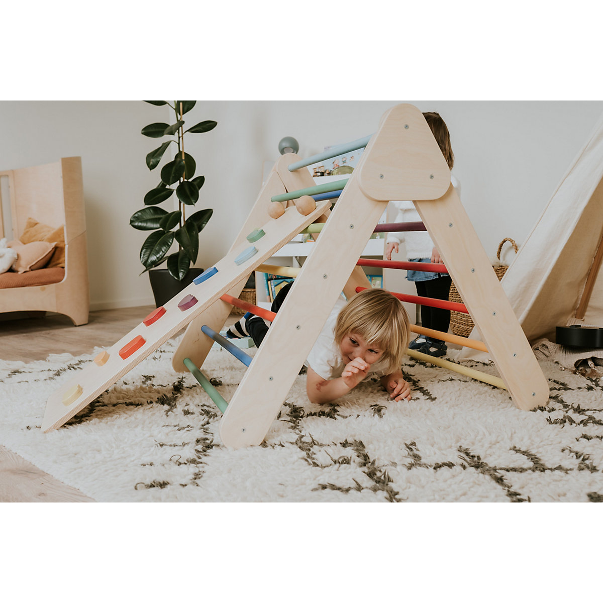 Klettergerüst mit Rampe und Rutsche Indoor, Kletterdreieck aus Holz, Klettern Innnen Kleinkind