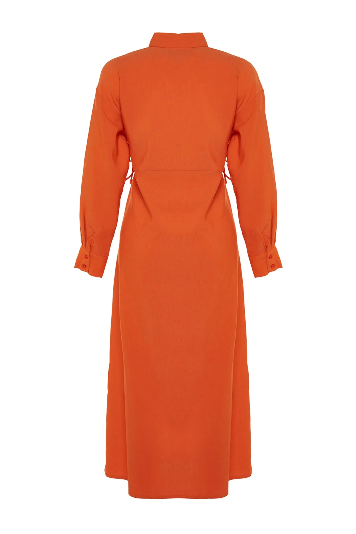 Trendyol Modest  Orangefarbenes Kleid aus Leinenmischung mit halber Knopfleiste und Raffung TCTSS23EB00274