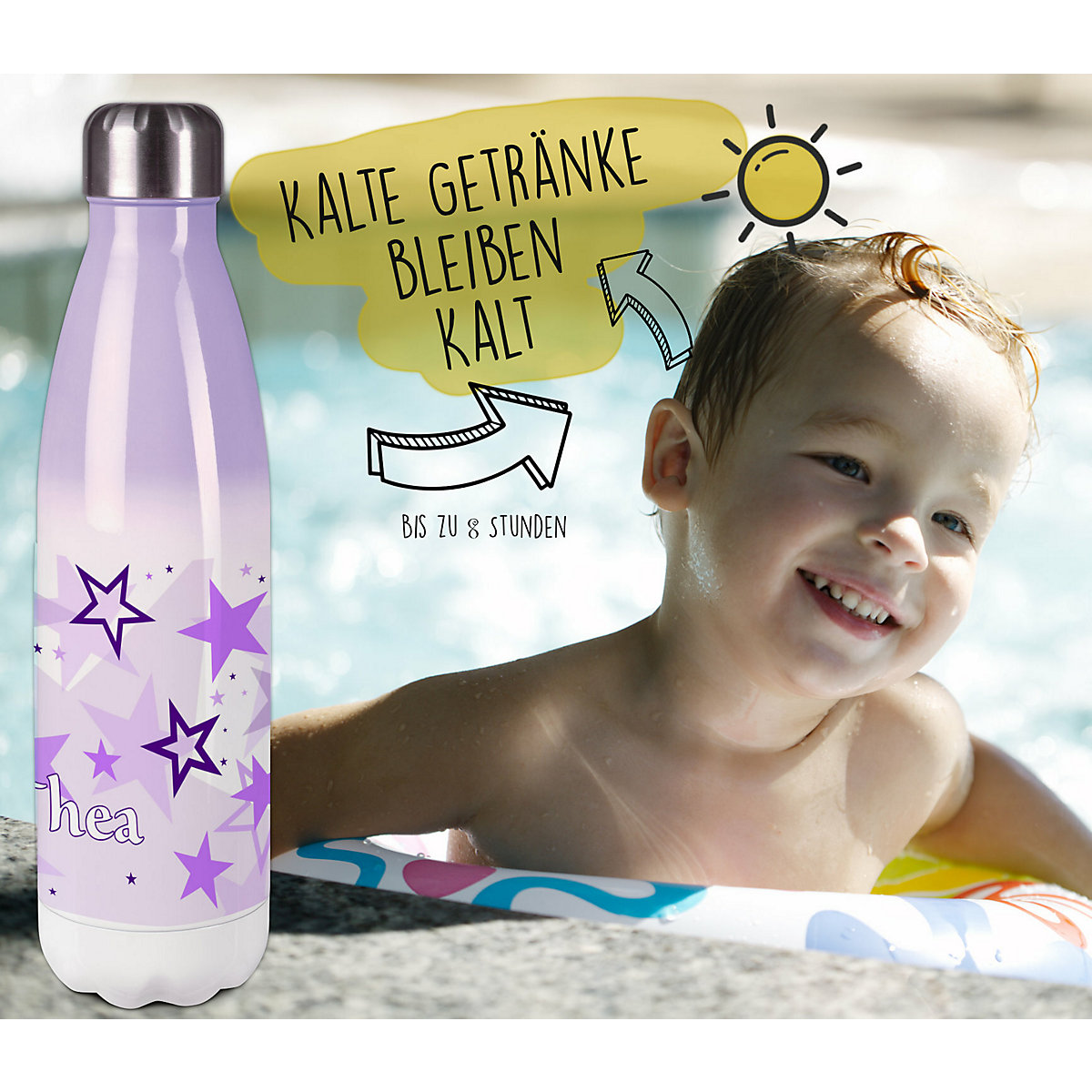 Edelstahl Kinder Thermoflasche / Trinkflasche bunt Sternenhimmel Farbe lila Spülmaschinenfest, Auslaufsicher, Bruchfest, Doppelwandig, Für Heißgetränke geeignet, Mit Deckel, Isoliert