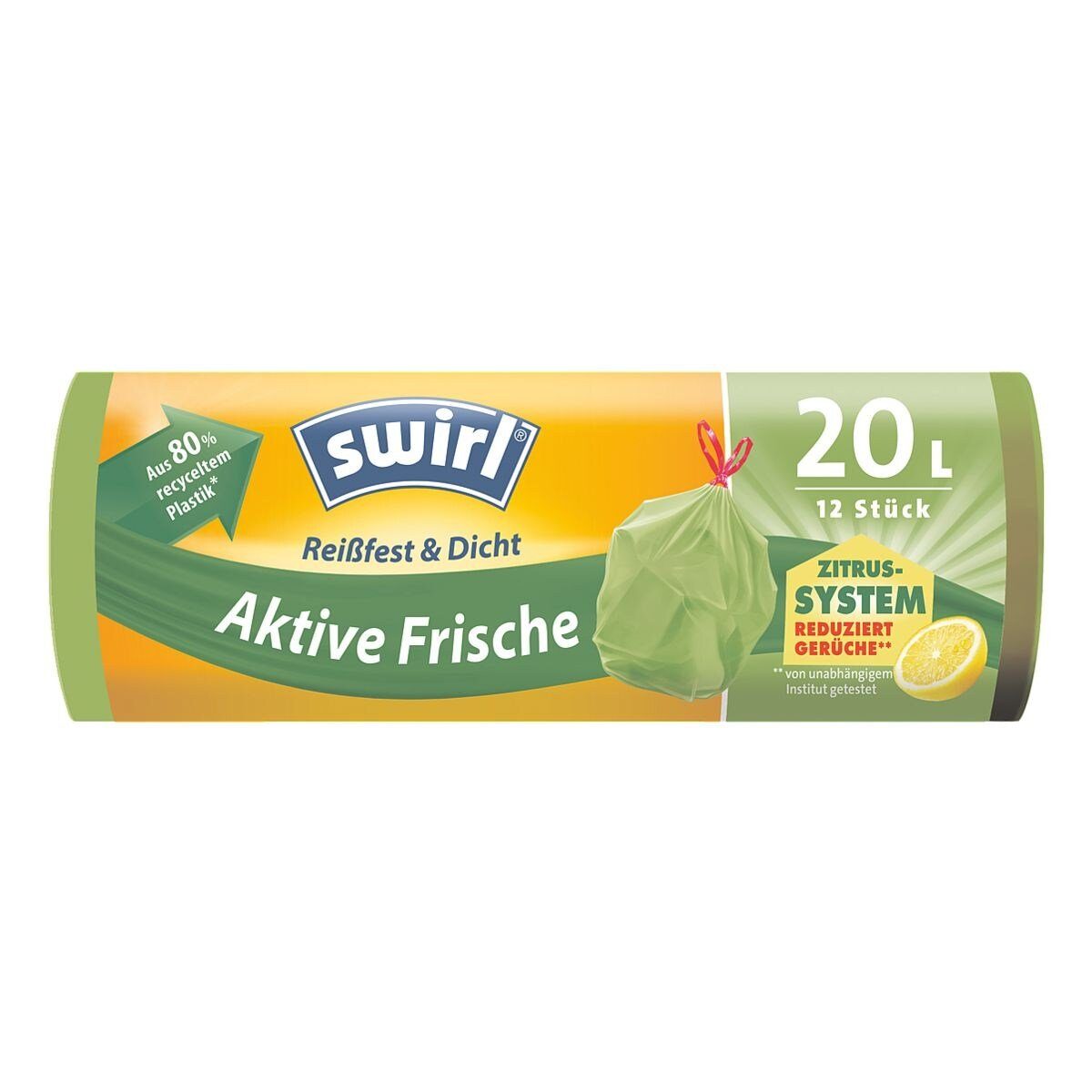 Swirl Müllbeutel Aktive Frische, 12 Stück/ Rolle, mit Zugband, 20 Liter, grün, mit Duft
