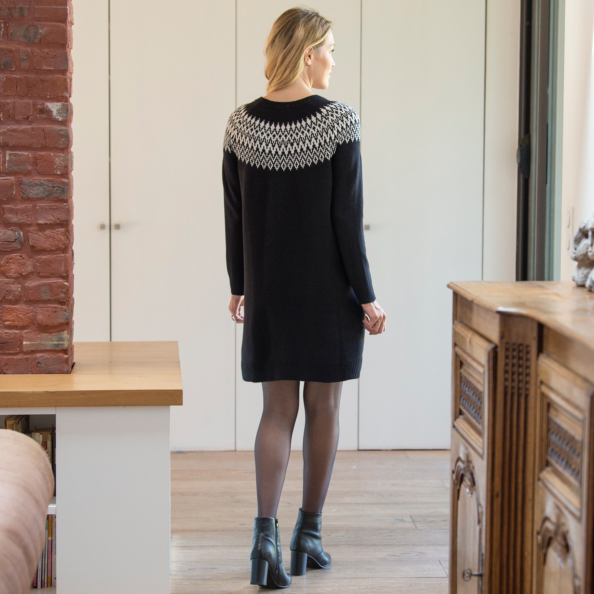 Robe pull col bateau, maille jacquard
