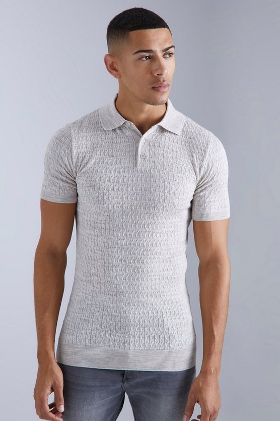 Recyceltes Zopfmuster-Poloshirt mit kurzen Ärmeln