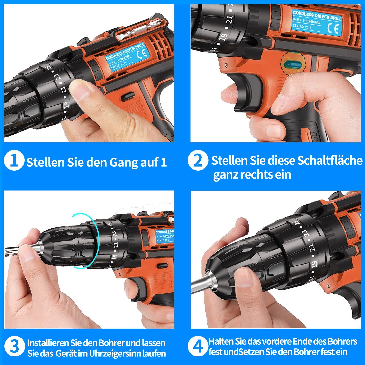 Yaviel Akku-Schraubendreher Akkuschrauber Set Bohrmaschinen Akku Schlagbohrschrauber Bohrschrauber, Universal Drill 21 V Batterien, 450 U/min, 45 Nm, Drehmoment, 2-Gang