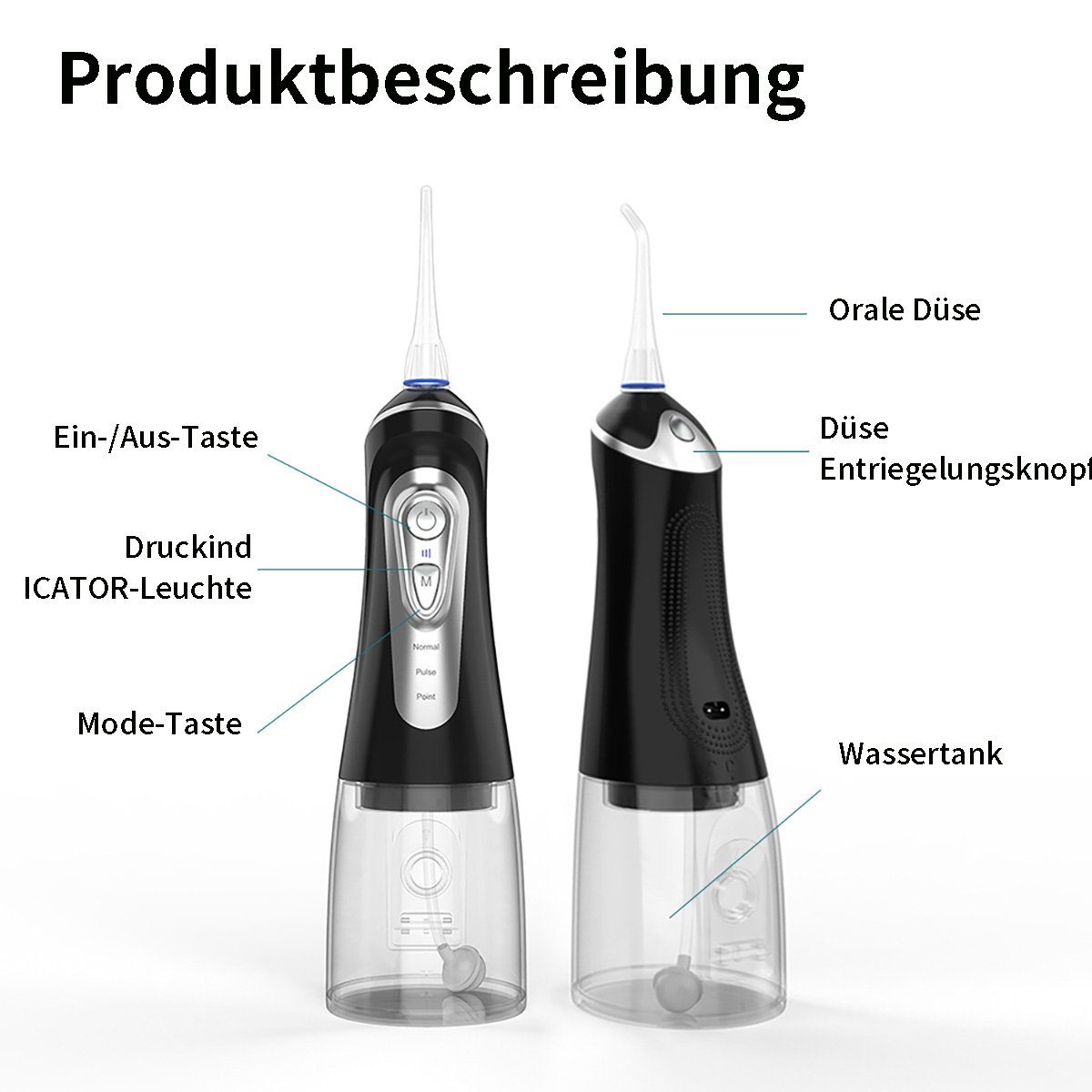 flowgoer Reise-Munddusche Professionelle wiederaufladbare Munddusche mit 4 Spitzen – Munddusche, Kabellos und tragbar, drei Modi, kostenlose ReisetascheKabellos
