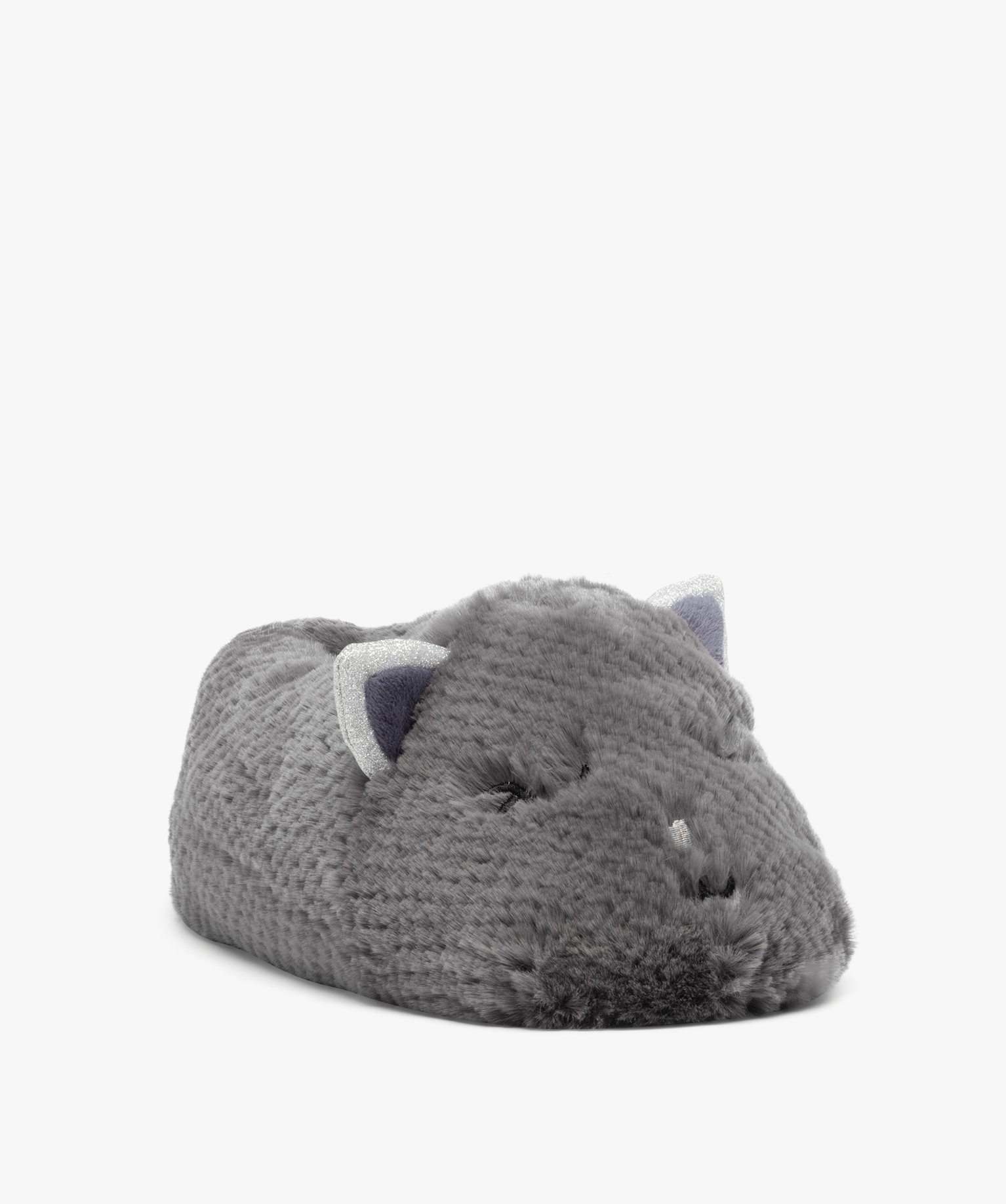 Chaussons femme en volume tête de chat avec oreilles à pai... gris | GEMO