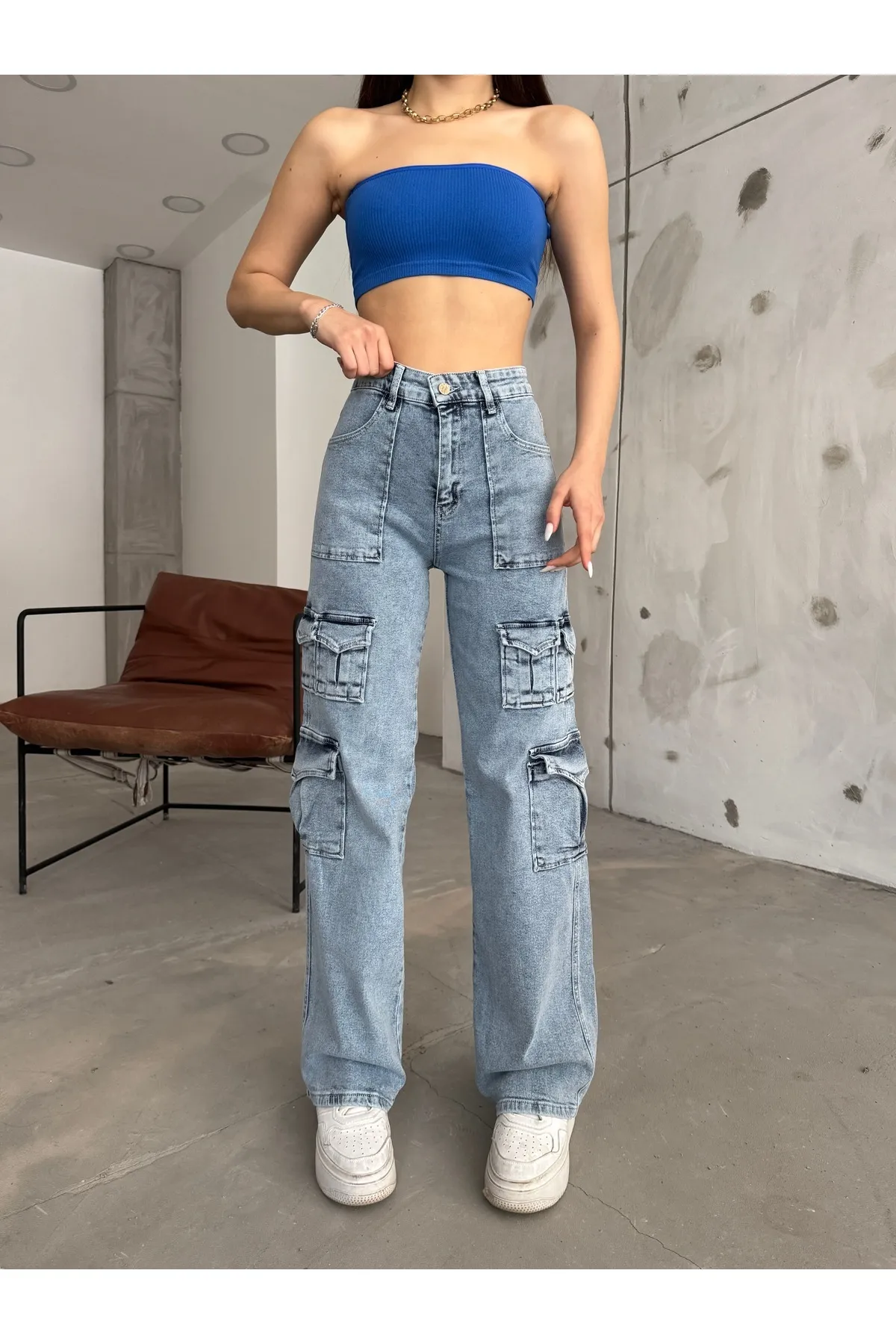 BİKELİFE  Blaue Cargohose für Damen mit hoher Taille und mehreren Taschen und gerader Passform