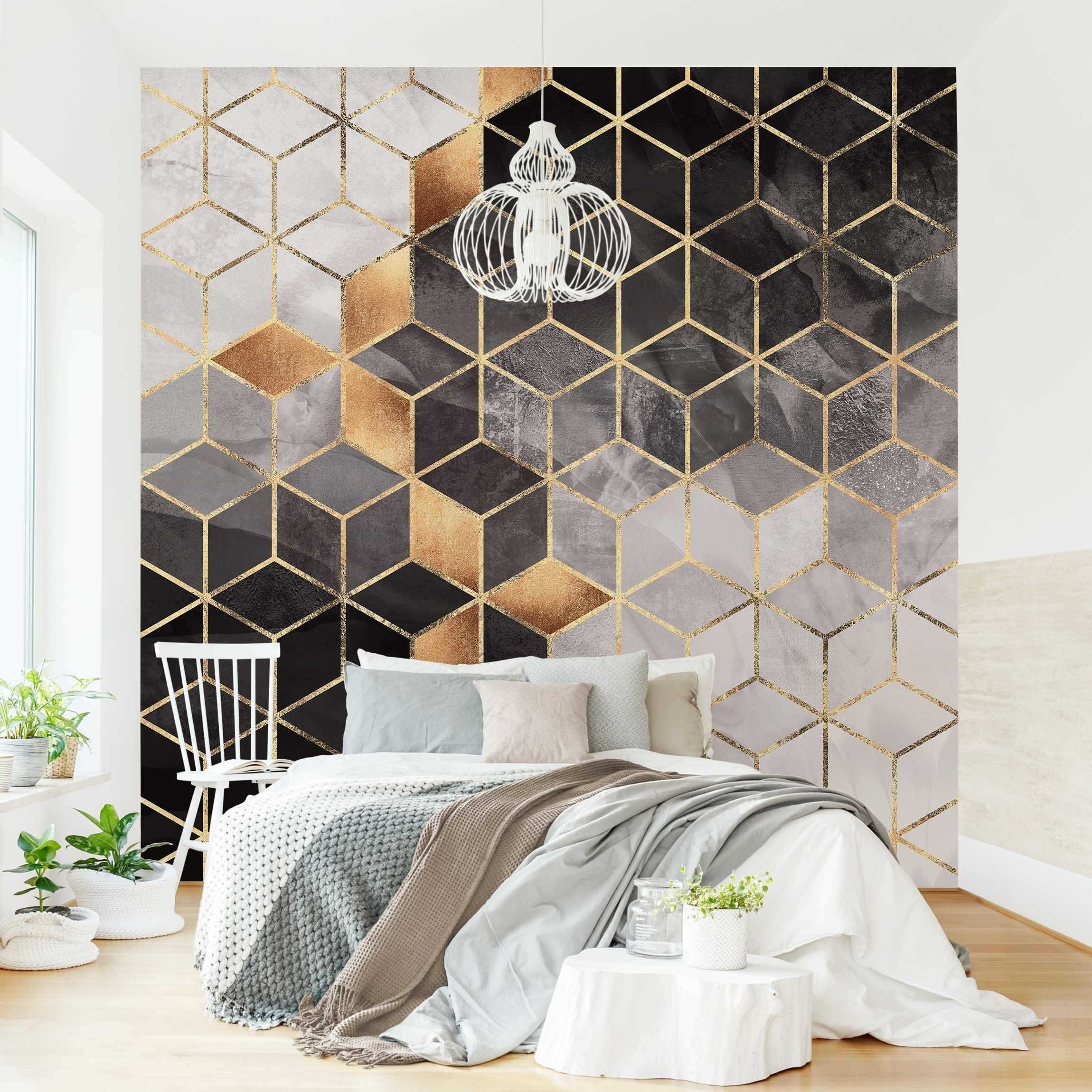 Bilderdepot24 Vliestapete Abstrakt Schwarz Weiß goldene Geometrie Tapete Wanddeko Modern Kunst, Glatt, Matt, (Inklusive Gratis-Kleister oder selbstklebend), Wohnzimmer Schlafzimmer Küche Flur Fototapete Motivtapete Wandtapete
