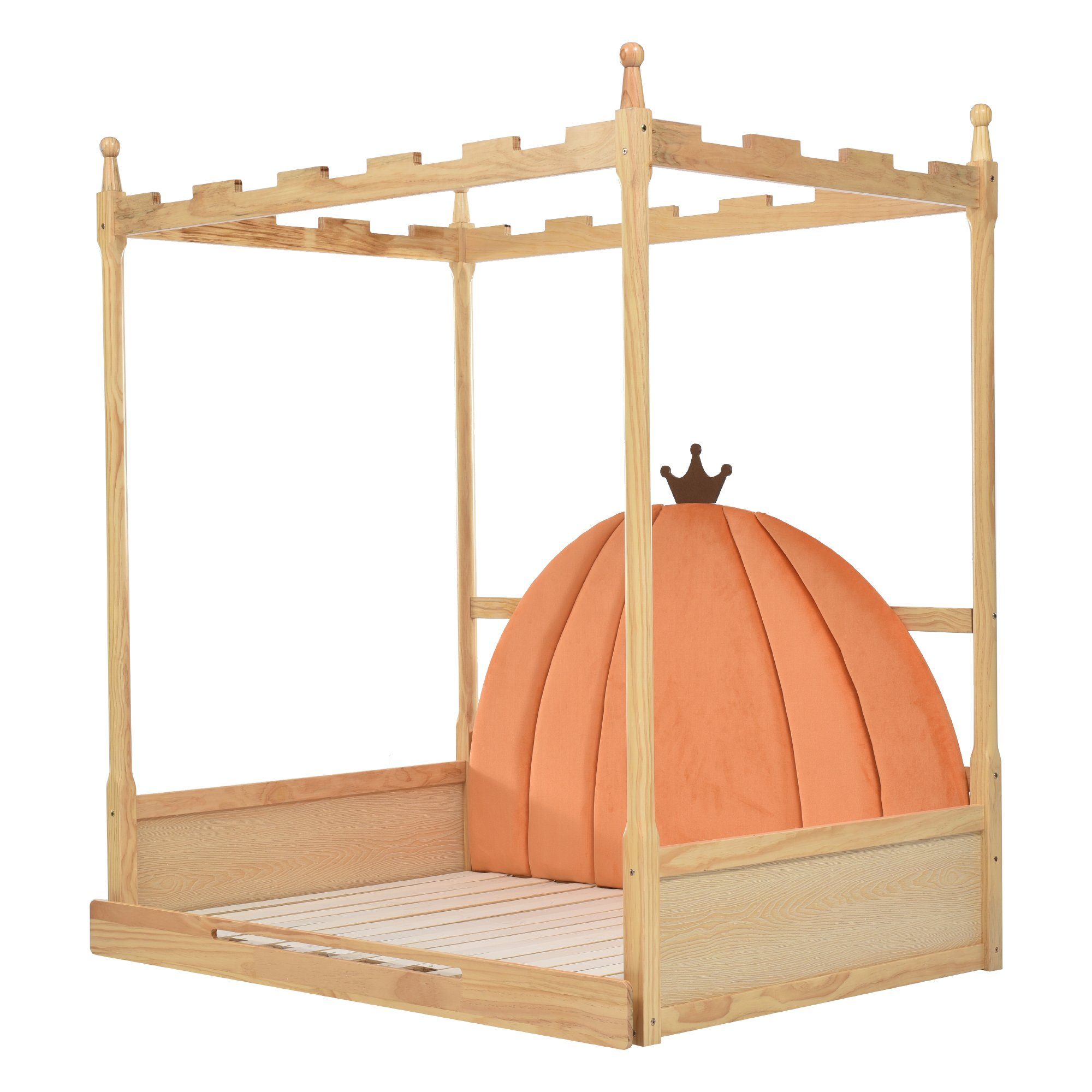 Gotagee Himmelbett Erweiterbares Holzbett Kinderbett Doppelbett Kiefernholz 140x100&200cm, Samtkissen in Kürbisform