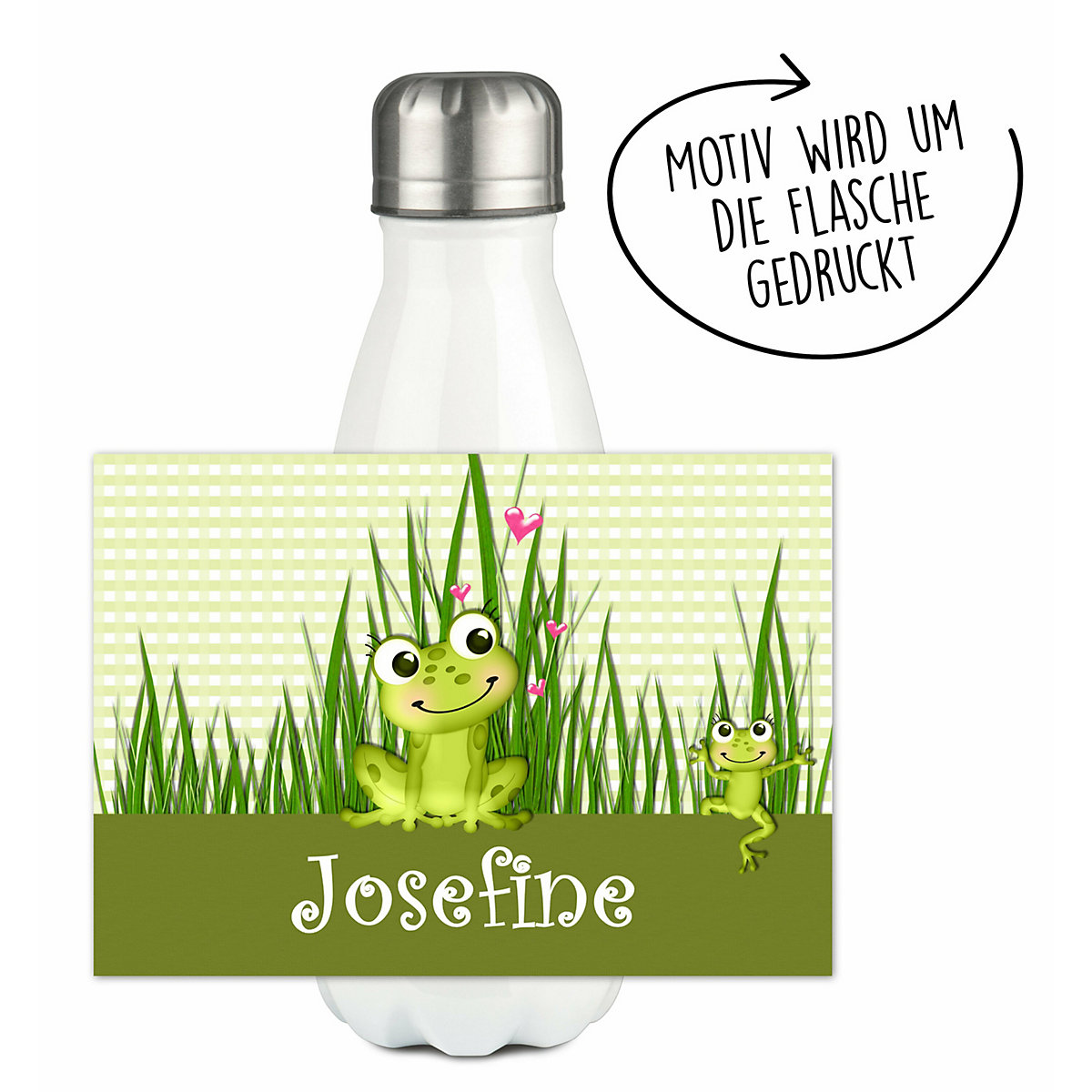 Edelstahl Kinder Thermoflasche / Trinkflasche bunt Frosch-Graß-Karo Spülmaschinenfest, Auslaufsicher, Bruchfest, Doppelwandig, Für Heißgetränke geeignet, Mit Deckel, Isoliert
