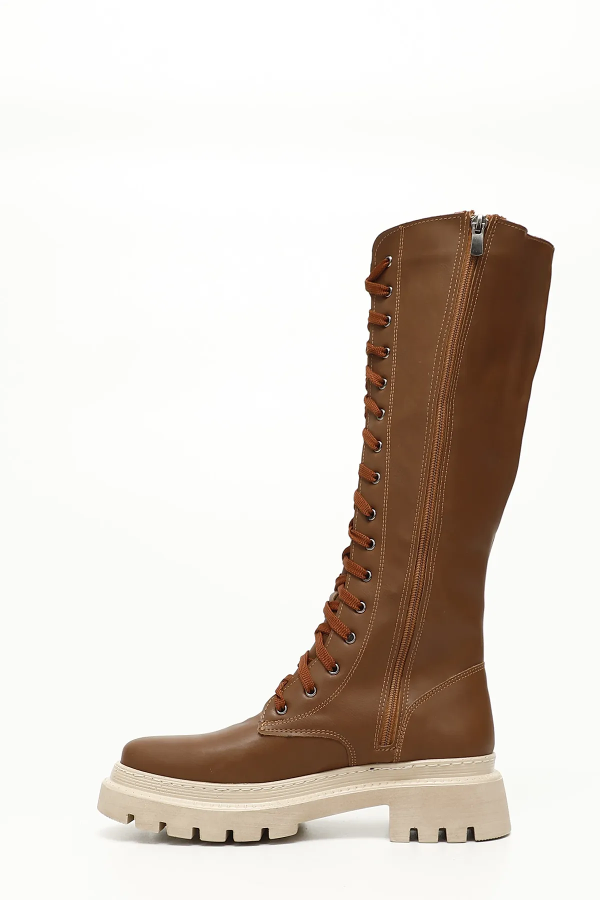 GÖNDERİ(R)  Hellbraune Damen-Tagesstiefel mit rundem Zehenbereich, Schnürung und Reißverschluss, 37401