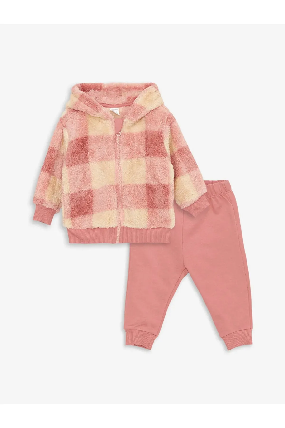 LC Waikiki  LCW Baby 2-teiliges Set aus langärmliger Strickjacke und Leggings aus Plüsch mit Kapuze für Babymädchen