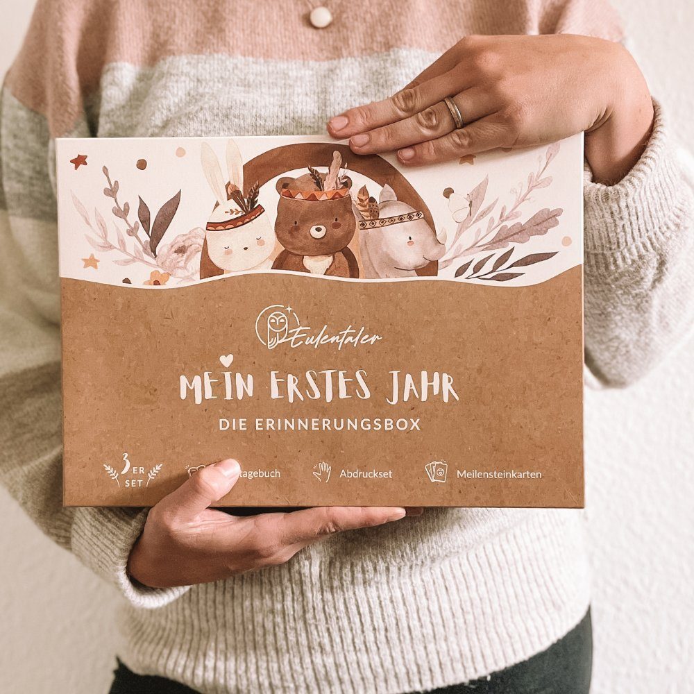 Eulentaler Tagebuch I Die Erinnerungsbox I Mein erstes Jahr I Von Pädagogen gestaltet, I Babytagebuch, 48 Meilensteinkarten & Abdruckset