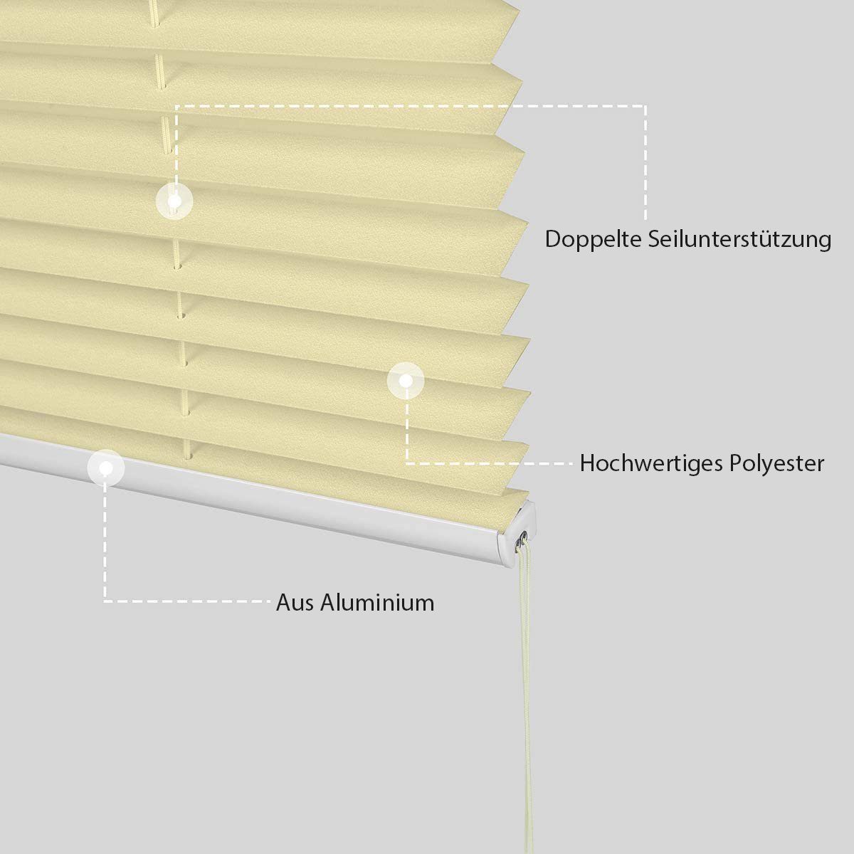 Plissee Sonnenschutzrollo ohne Bohren Verspannt Blickdicht Lichtschutz, Sekey, Klemmfix, Verspannt Jalousie Rollos