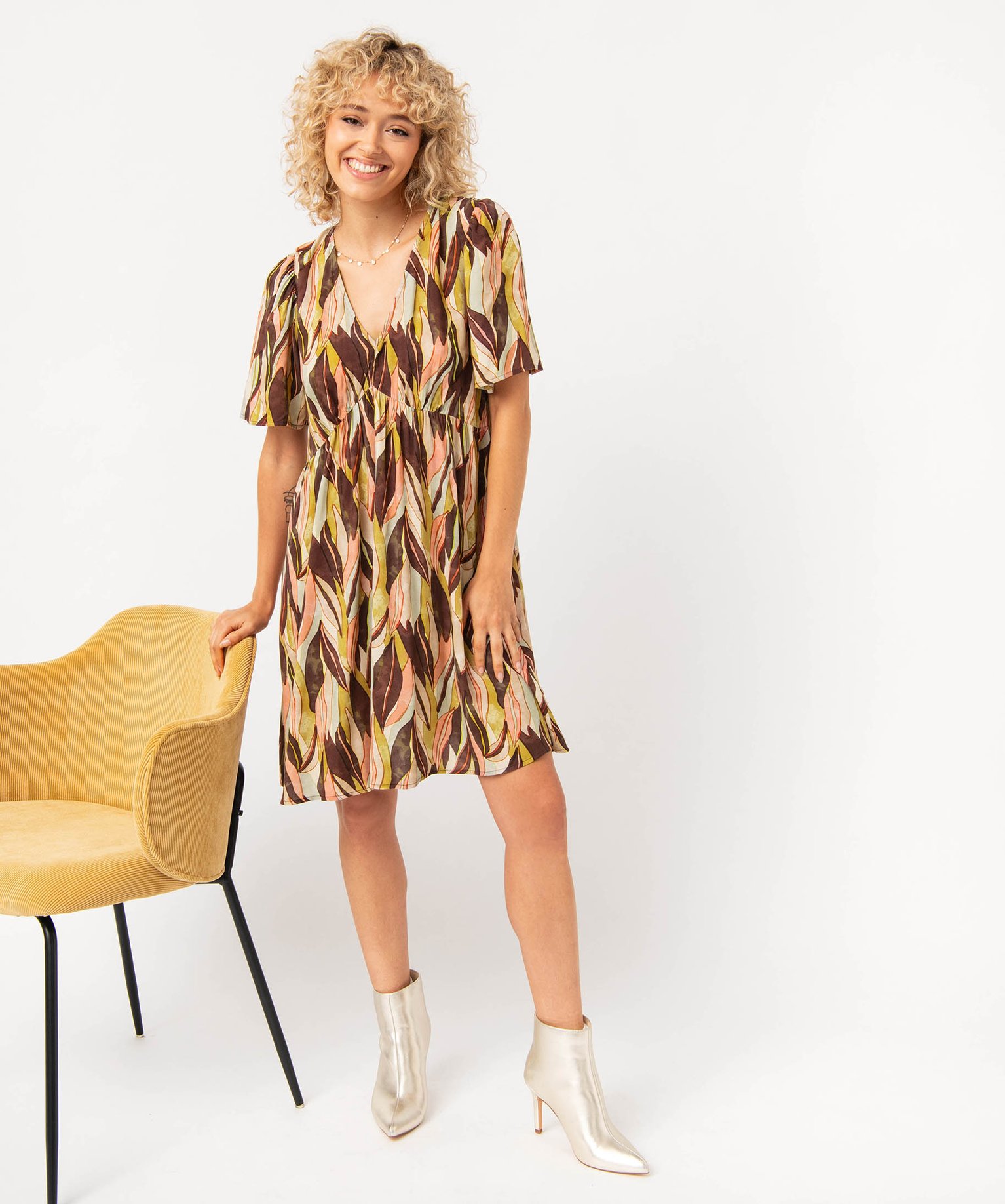 Robe imprimée à manches courtes femme imprime | GEMO