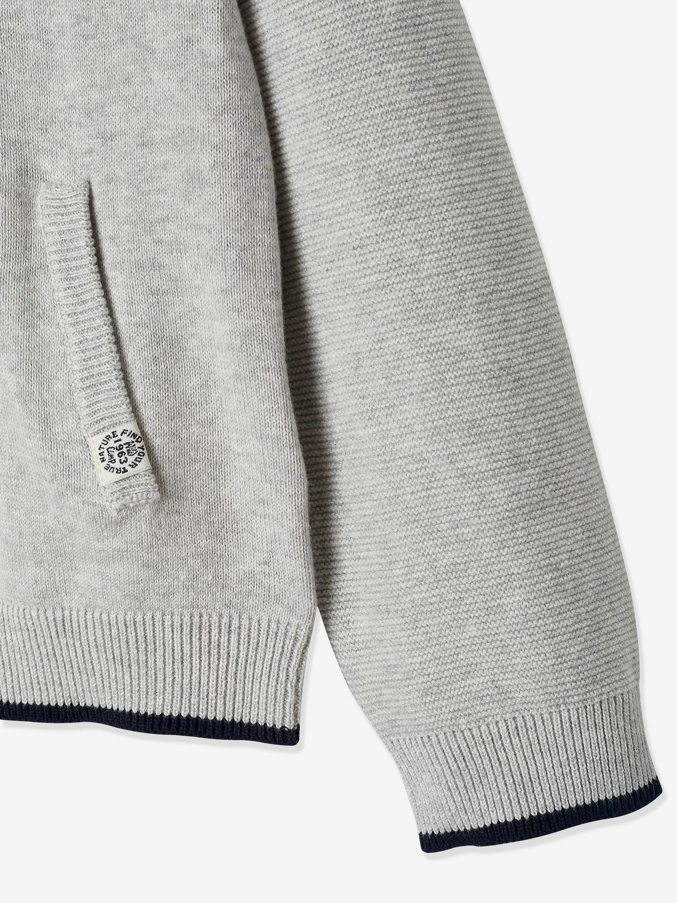 Gilet zippé garçon col teddy maille fantaisie gris chiné