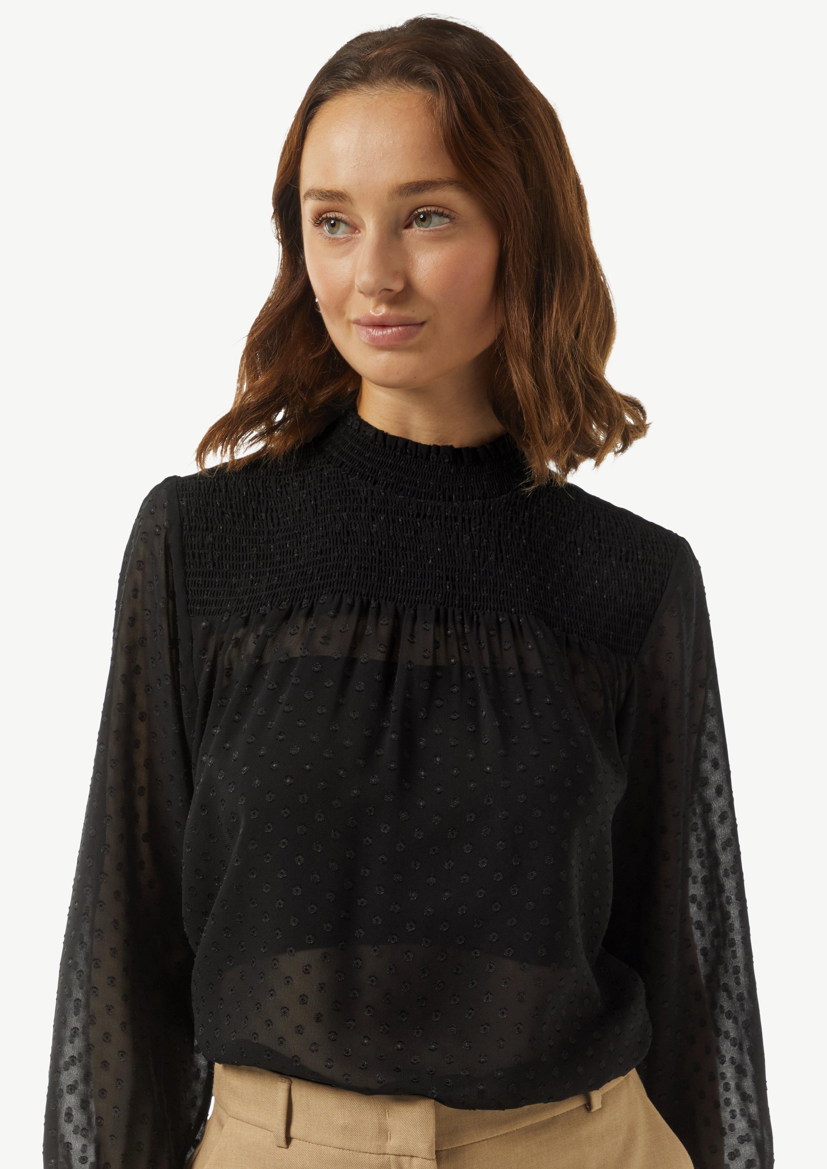Transparente Jacquard-Bluse mit Smok-Detail - schwarz