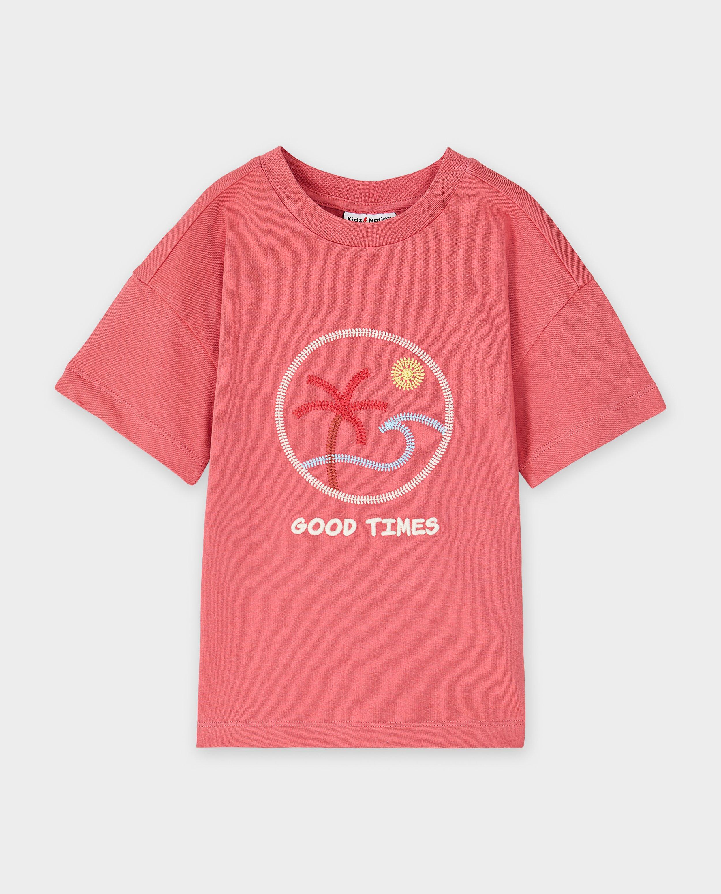 Tricou Kidz Nation cu figurine brodate, croială lejeră, roșu închis