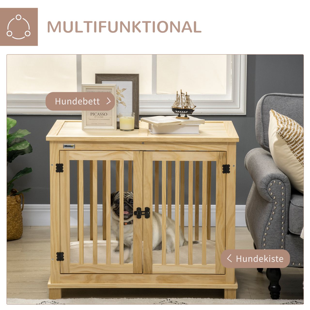 PawHut Hundekäfig, Tierkäfig aus Holz, Haustierkäfig für mittelgroße Hunde