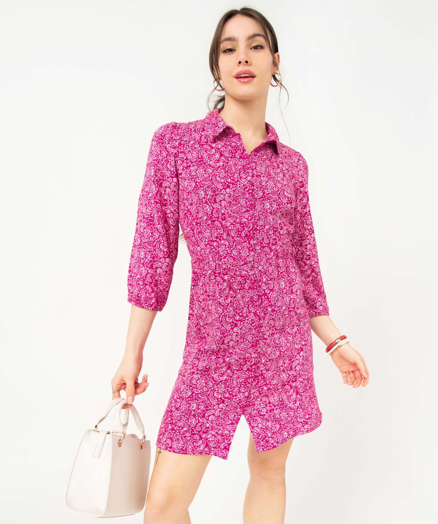 Robe femme imprimée à manches longues et col chemise imprime | GEMO