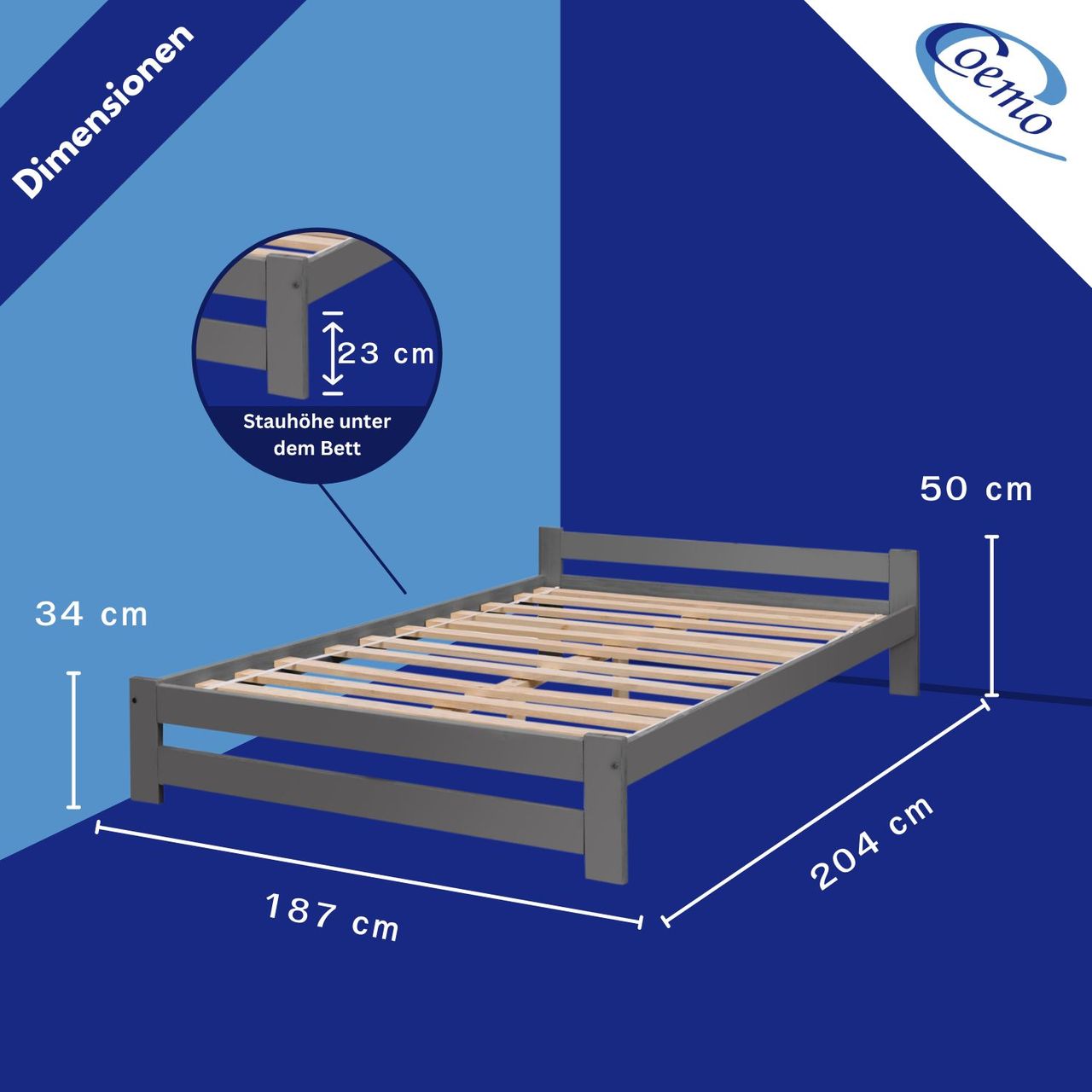 Coemo Bett Classico Holzbett Bettgestell mit Lattenrost Massivholz Kiefer 180 x 200 cm anthrazit