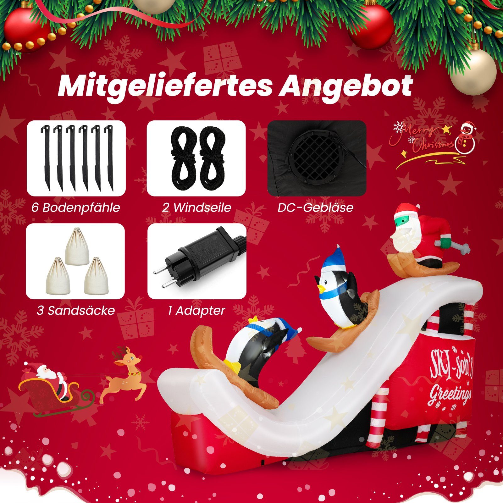 COSTWAY Weihnachtsmann, mit Skifahrenden Pinguinen, aufblasbar, 220 cm