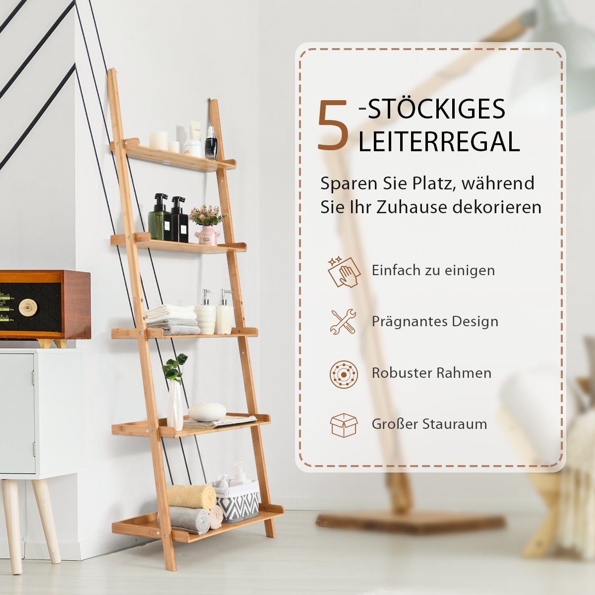 COSTWAY Leiterregal Standregal Lagerregal, Bambus, 5-stufig, 64x45x181cm