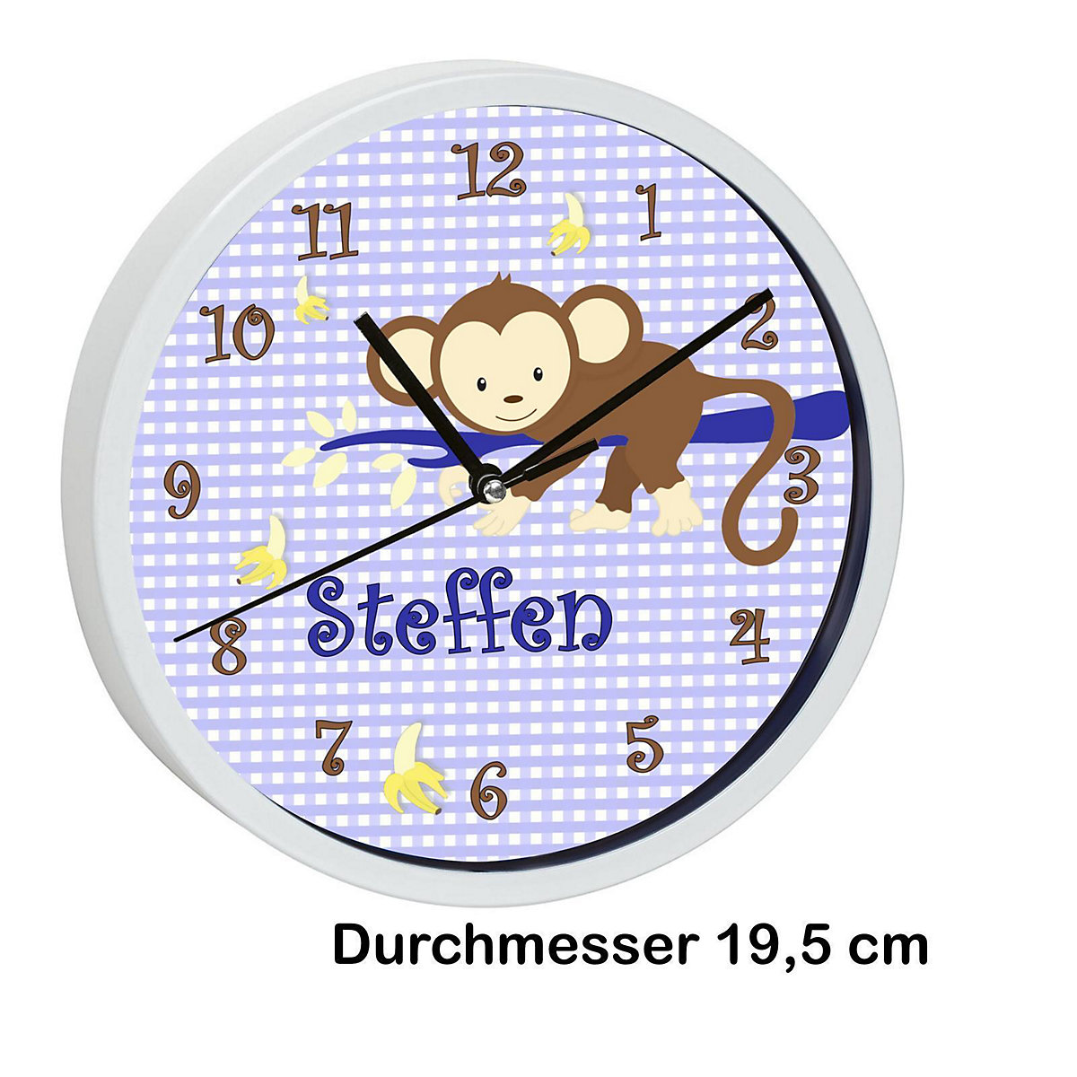 Kinder Wanduhr personalisiert mit Name Affe hängend Blau