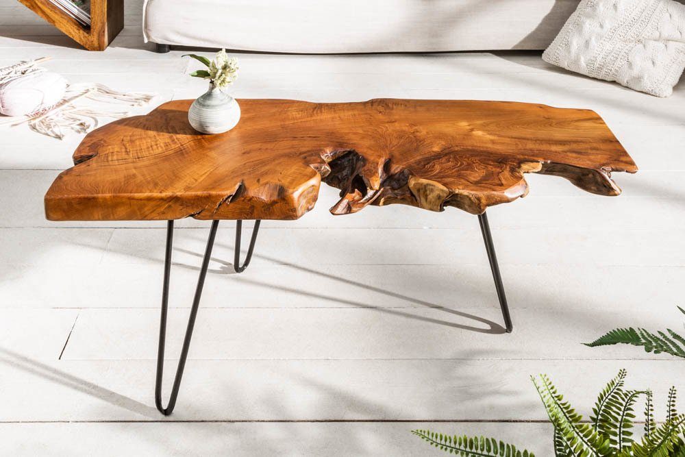 riess-ambiente Couchtisch WILD 100cm natur / schwarz, Wohnzimmer · Massivholz · Baumscheibe · Metall · Hairpin Legs