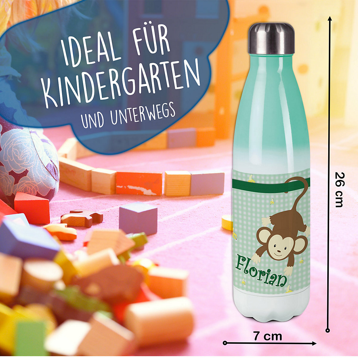 Edelstahl Kinder Thermoflasche / Trinkflasche bunt Affe hängend Farbe grün Spülmaschinenfest, Auslaufsicher, Bruchfest, Doppelwandig, Für Heißgetränke geeignet, Mit Deckel, Isoliert