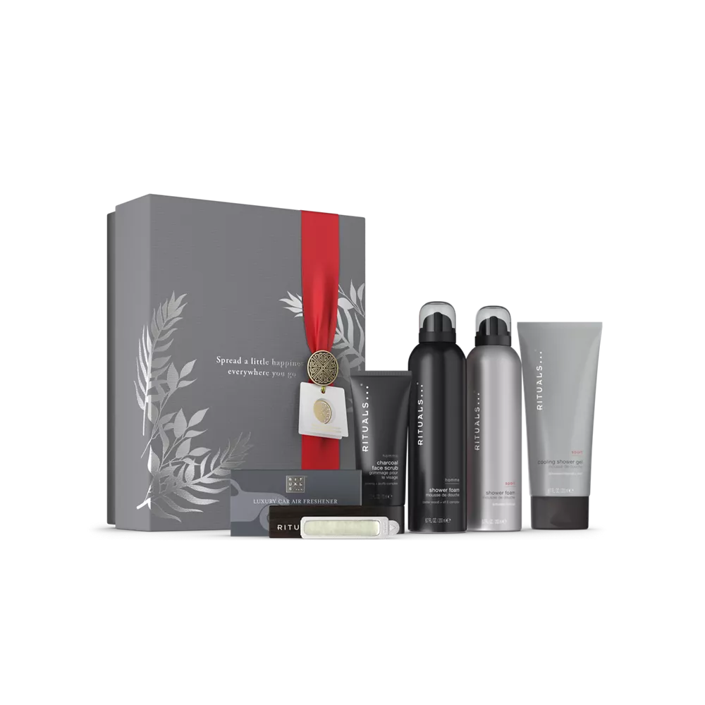 Coffret cadeau Homme L : 2 gels douche moussants 200 ml, 1 gel douche glacé 200 ml, 1 gommage au charbon 70 ml, 1 parfum pour voiture