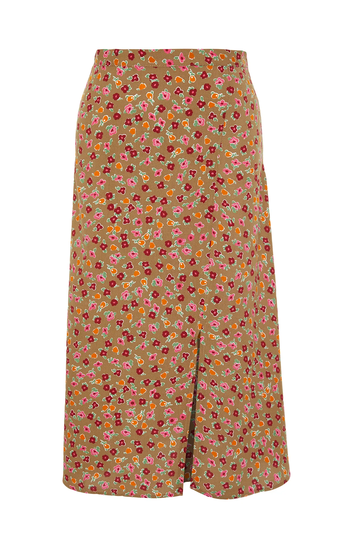 Trendyol Collection  Kamelfarbener gewebter Midirock aus Viskosestoff mit Schlitzdetail und Blumenmuster TWOSS20ET0230