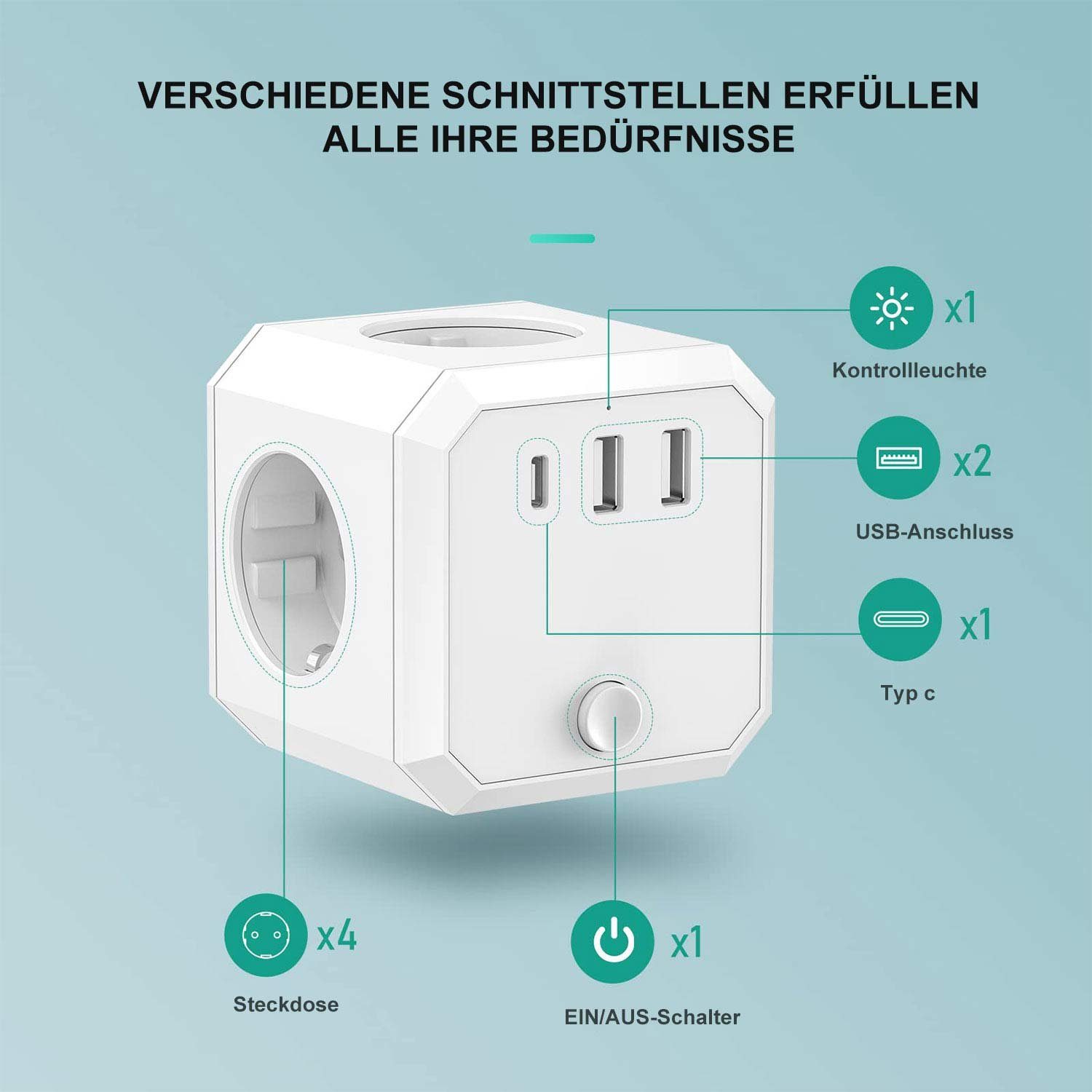 MAGICSHE Steckdose Steckdosenwürfel mit USB, 1X Zwischenstecker, Maximalstrom: 3,4 A, Ohne Kabel