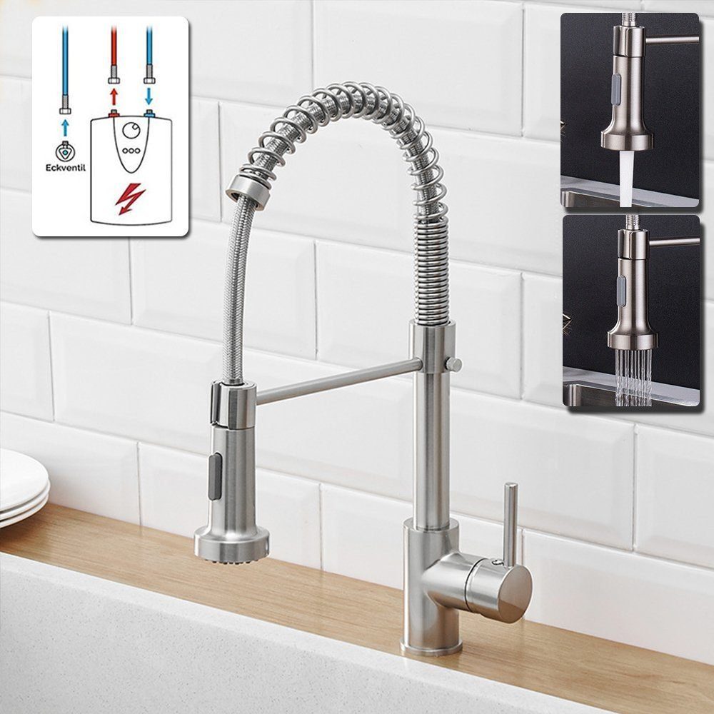 XIIW Waschtischarmatur Niederdruck Armatur Küche Küchenarmatur mit 3 anschlüsse (Niederdruckarmaturen Mischbatterie Wasserhahn 360° Schwenkbar Spültischarmatur mit Brause 3/8 Zoll Norm-Anschluss)