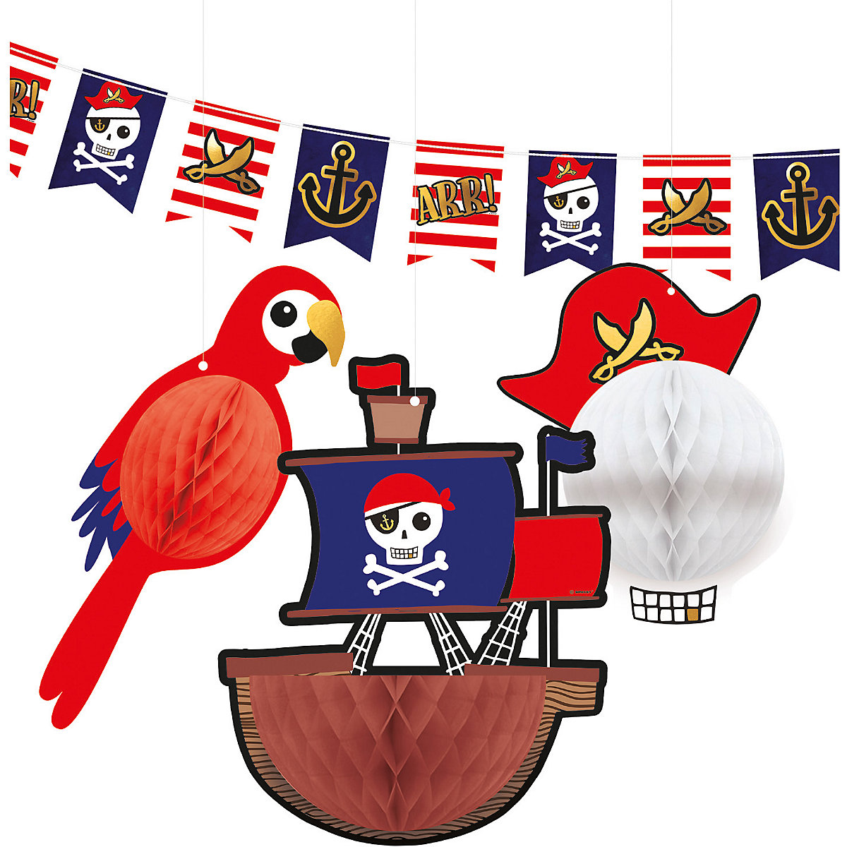 Deko Set ( 1 Wimpelkette, 3 Wabenbälle) Pirates Map