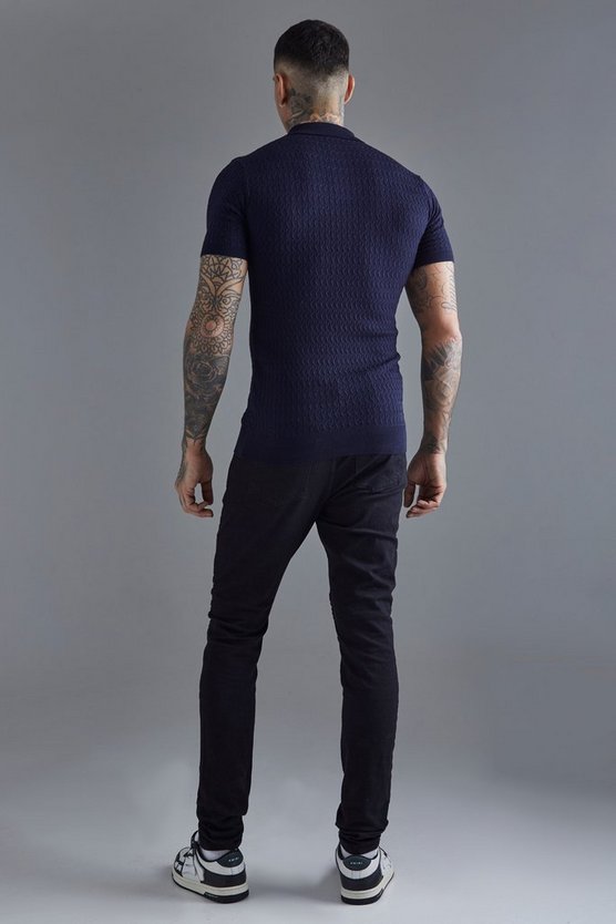 Tall Muscle-Fit Zopfmuster-Poloshirt mit kurzen Ärmeln