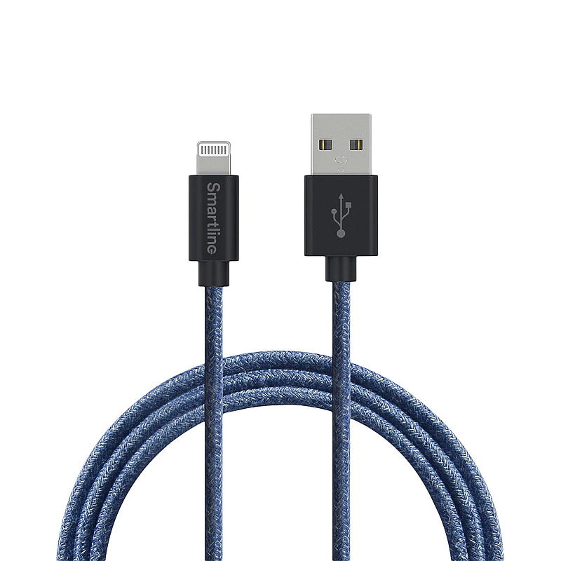 Smartline Ladekabel 2 m USB-A til lightning, blå Fuzzy