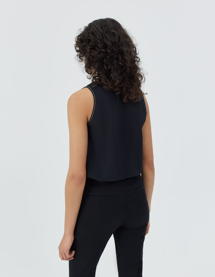 Top en crêpe noir surpiqûre bijou col femme
