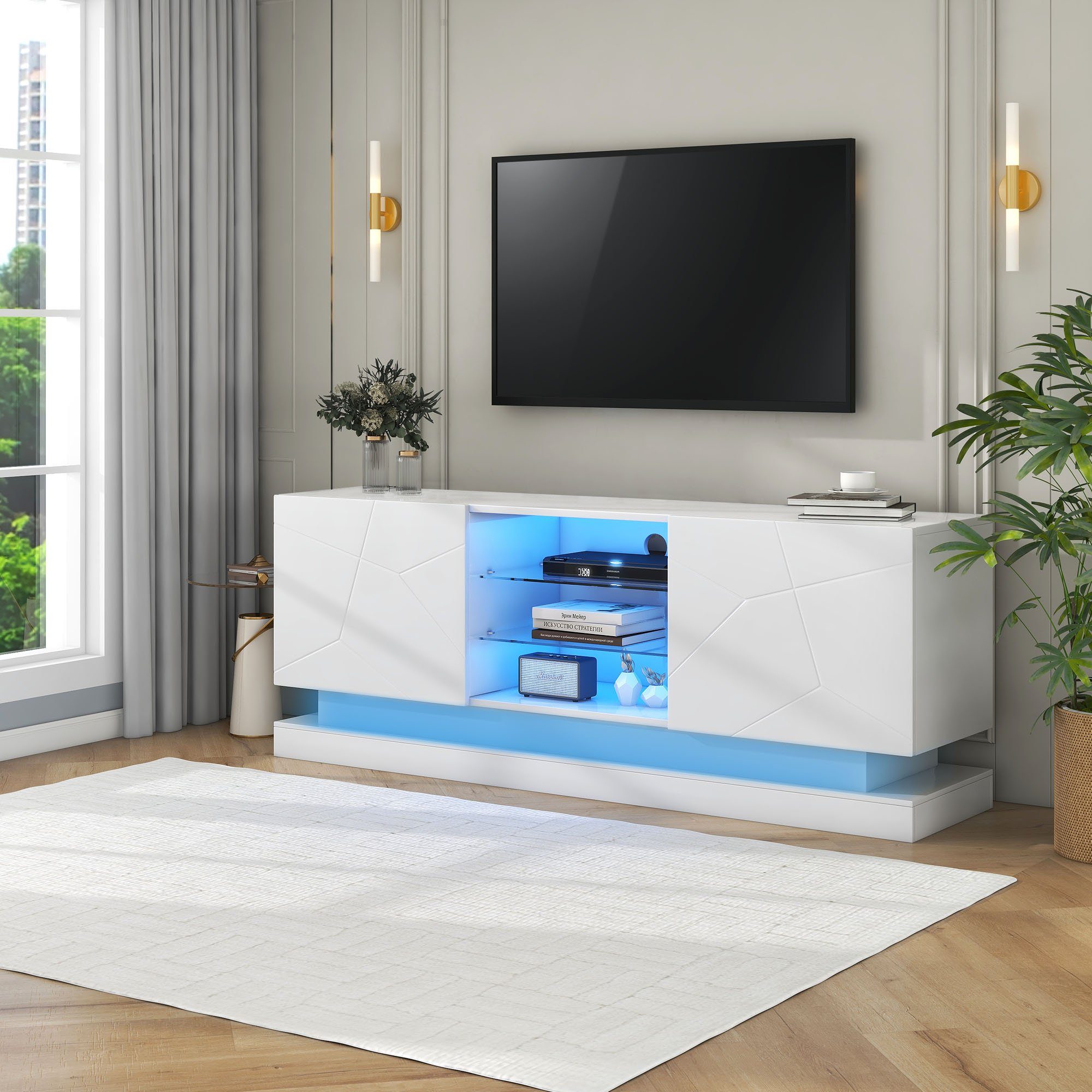 REDOM TV-Schrank (Hochglanz, mit verstellbaren Einlegeböden Hochglanz mit LED-Beleuchtung) Breite: 160cm