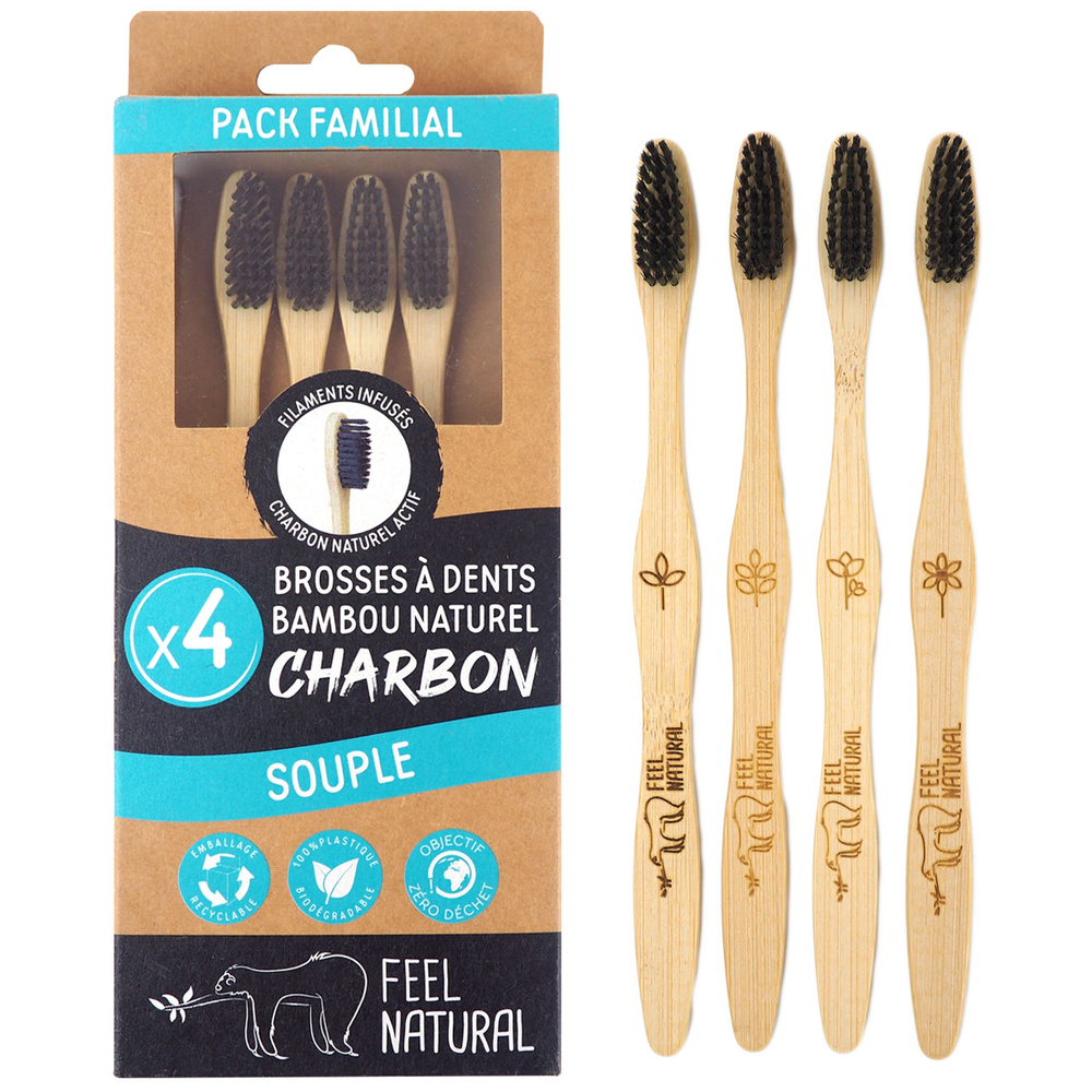feel natural Lot 4 brosses à dents Charbon - Souple -  Feel Natural BROSSE A DENTS