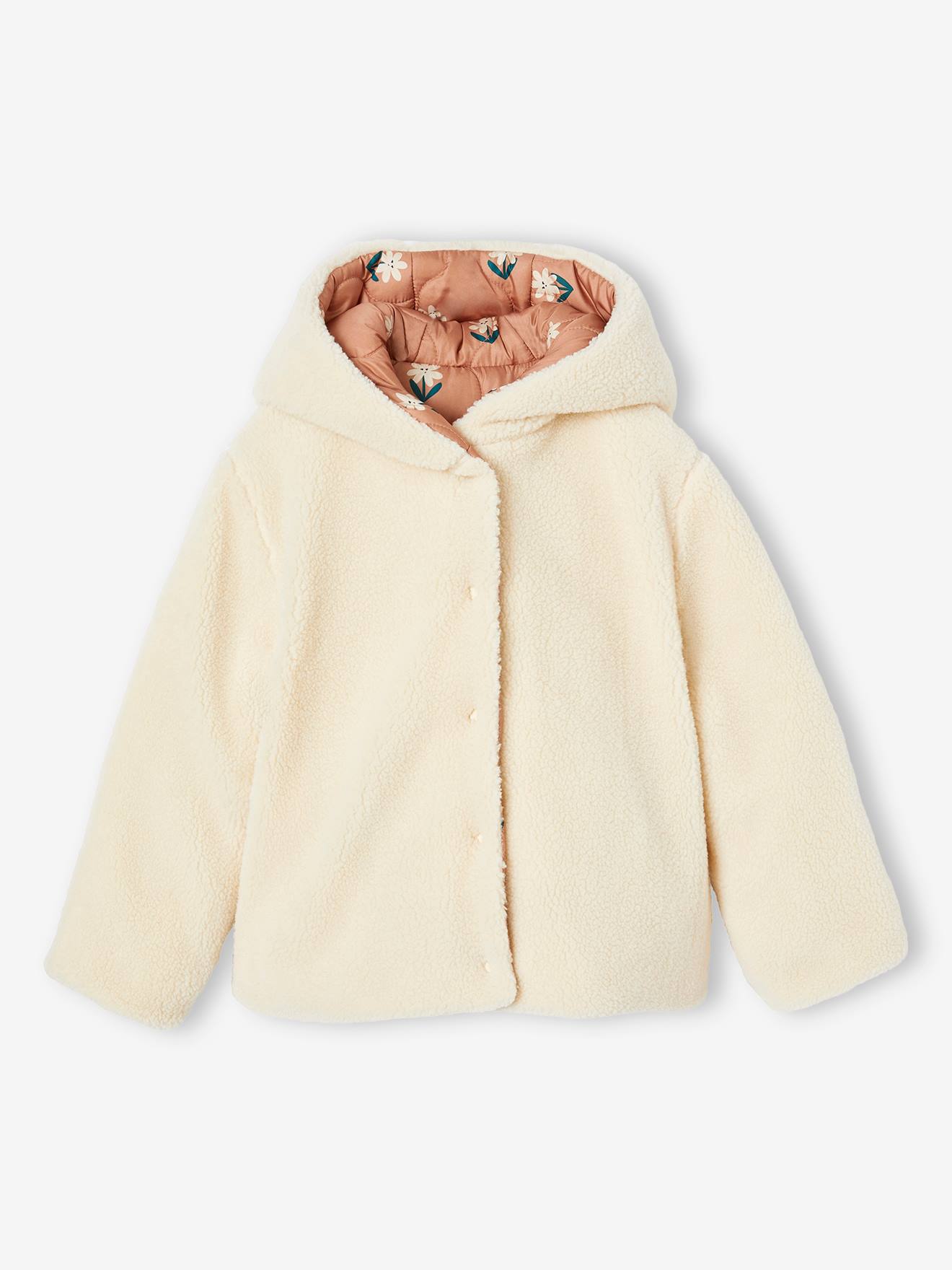 Doudoune à capuche réversible fille matelassée et sherpa noisette