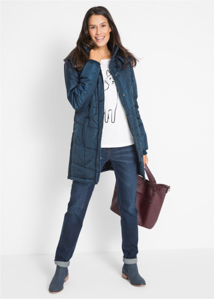 Long-Steppjacke, wattiert mit Kragen und Kapuze
