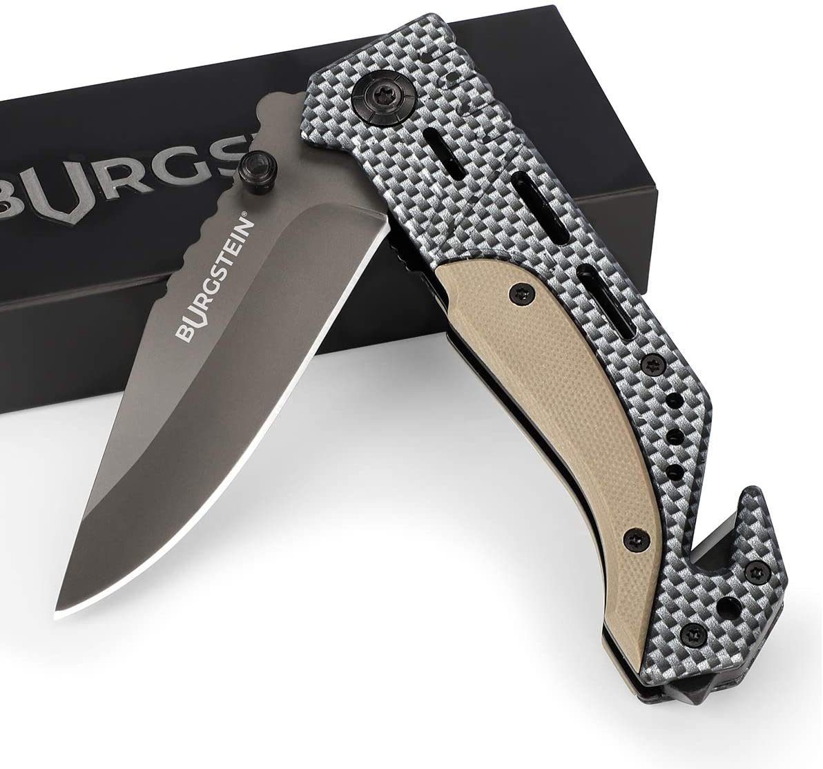Burgstein Anzucht- und Kräutererde Outdoor Taschenmesser mit Gürteltasche - Klappmesser Carbon, Carbon Carbon