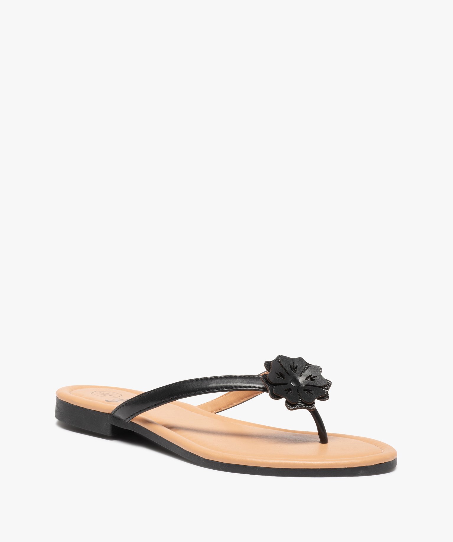 Tongs femme à petit talon plat et fleur sur l’entre-doigts noir | GEMO