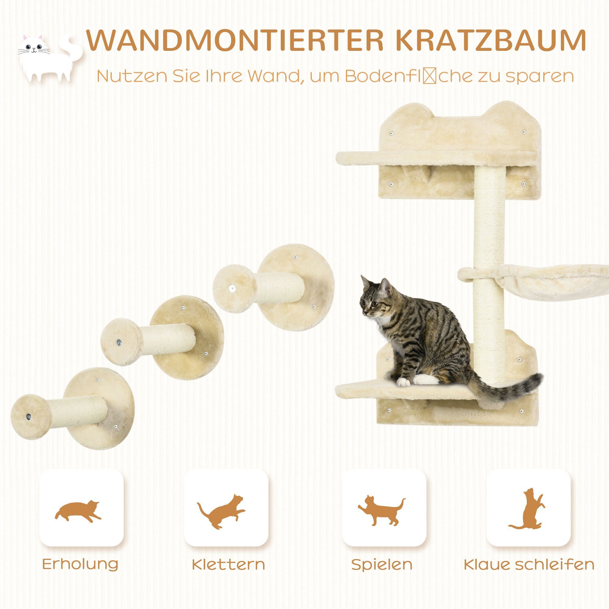 PawHut Katzen-Kletterwand Katzen Kletterwand, 4-teilig, Katzentreppe, Sisal, Beige+Cremeweiß, mit Hängematte, 40 x 28 x 73cm