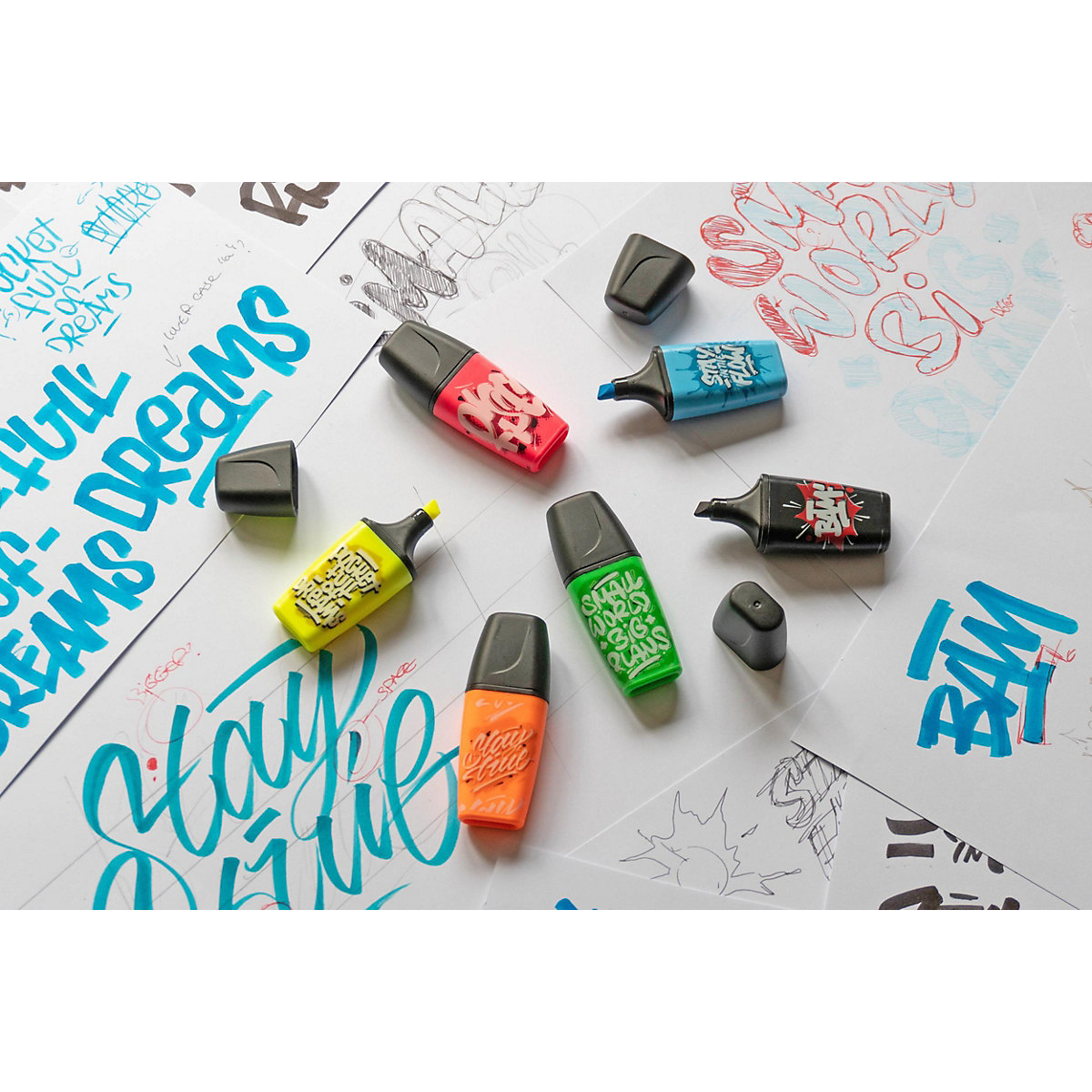 Textmarker BOSS MINI by Snooze One, 5 Farben (pink, blau, gelb, grün, schwarz)