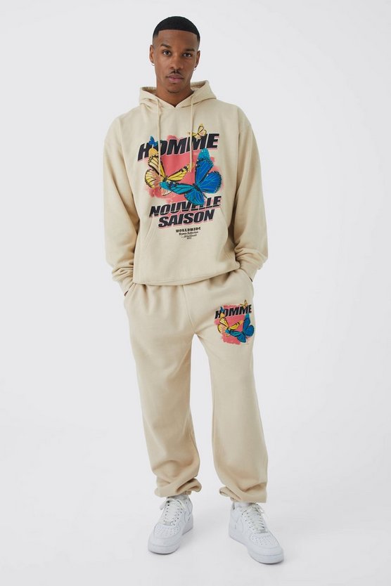 Oversize Homme Trainingsanzug mit Kapuze und Schmetterlings-Print